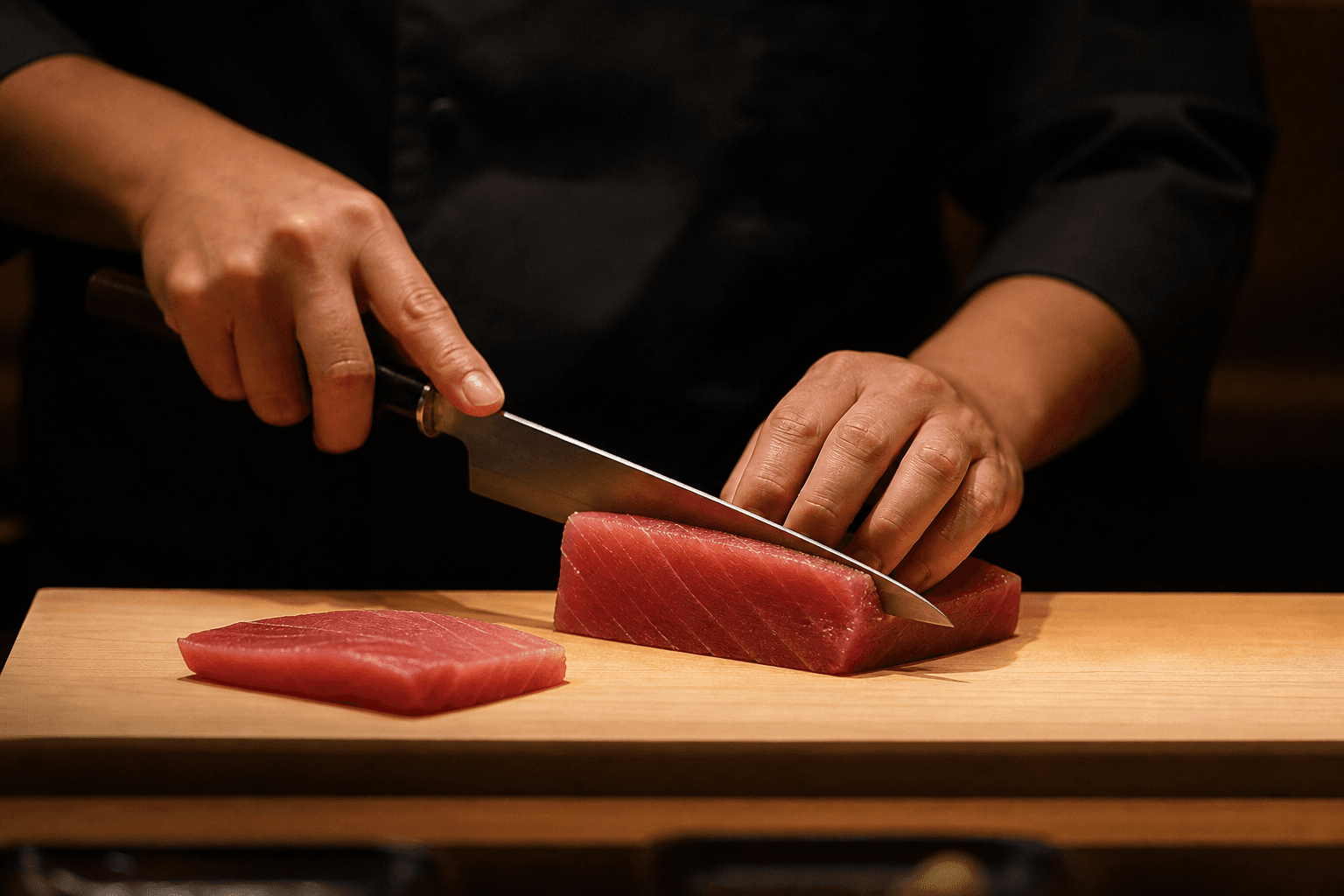 Chef slicing tuna at the omakase counter