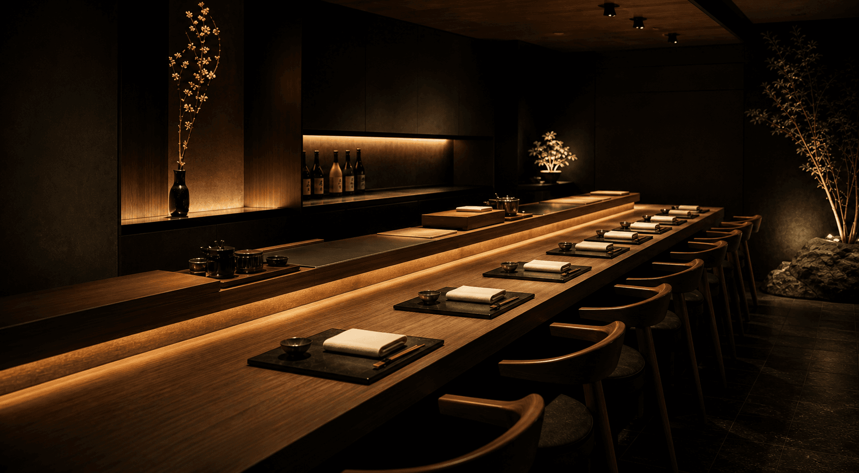 Intimate KAZE omakase counter in warm low light